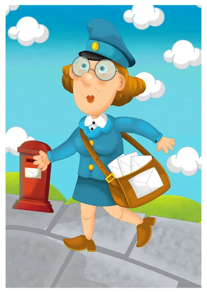 Post Woman a entregar correio. Desenhos animados ilustração estilo — Fotografia de Stock