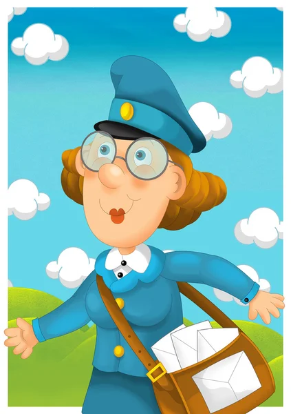 Post Woman delivering mail. Cartoon style illustration — Stock Photo, Image