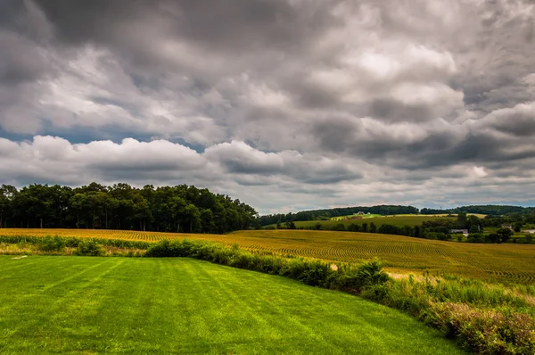 Molnen över gården fält på landsbygden york county, pennsylvania — Stockfoto