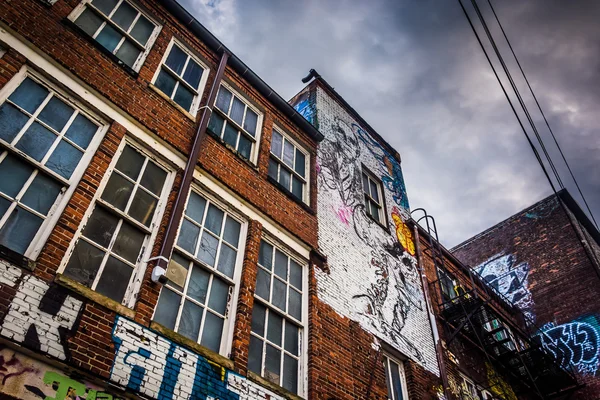 Boční sklad v graffiti uličce, baltimore, maryland. — Stock fotografie