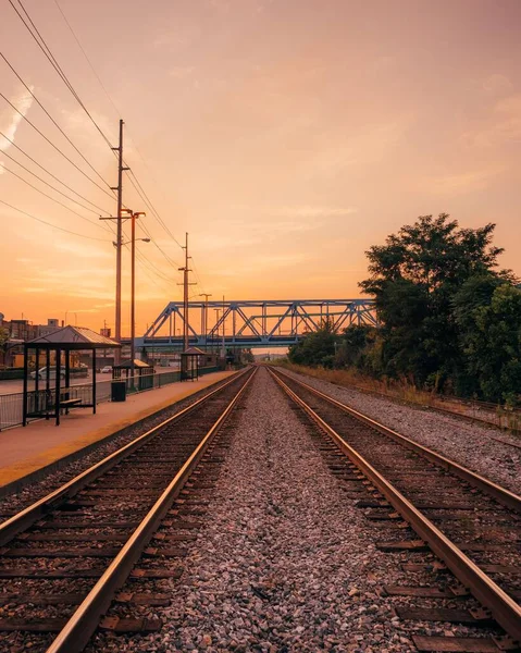 Järnvägsspår Vid Solnedgången Ashland Kentucky — Stockfoto
