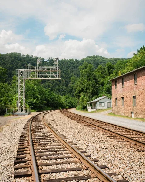 Järnvägsspår Och Historiska Byggnader Thurmond Spökstad New River Gorge West — Stockfoto