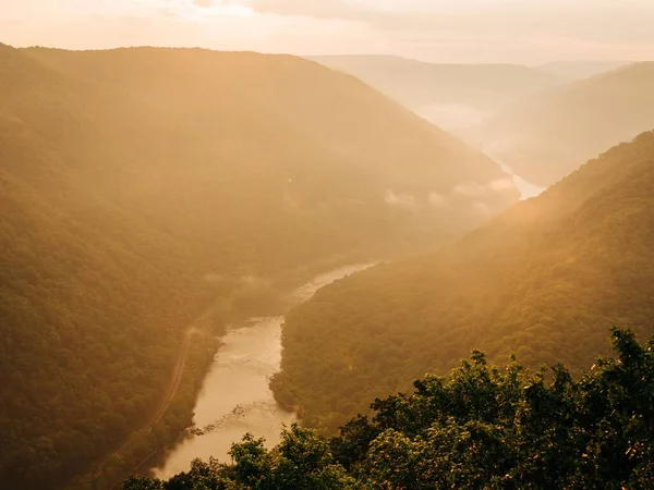 Vista Del Amanecer Desde Grandview New River Gorge Virginia Occidental — Foto de Stock