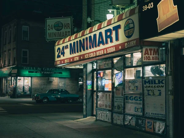 Horas Sinal Minimart Noite Borough Park Brooklyn Nova York — Fotografia de Stock