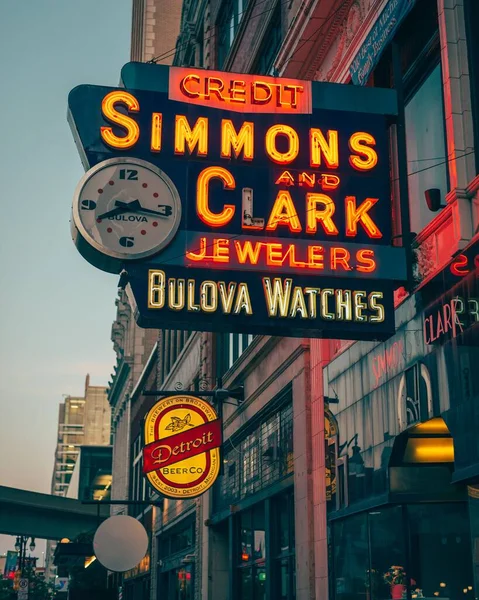 Simmons Clark Jewelers Neon Sign Night Downtown Detroit Michigan — Stock Photo, Image