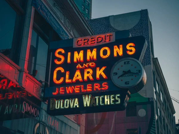 Simmons Clark Jewelers Neon Sign Night Downtown Detroit Michigan — Stock Photo, Image