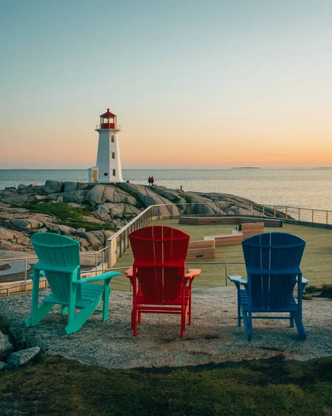 Peggys Cove Lighthouse Adirondack Chairs Sunset Peggys Cove Nova Scotia — Fotografia de Stock