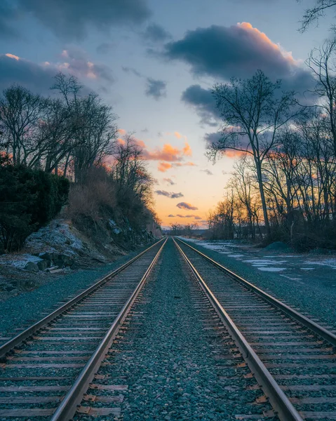 Railroad Tracks Sunset Winter Day Germantown New York — Stock fotografie