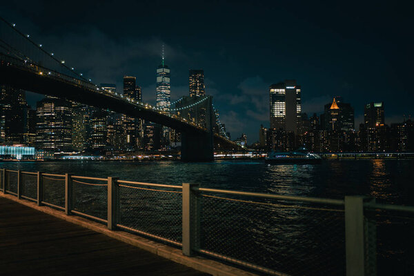 View of the Manhattan skyline and Brooklyn Bridge from Dumbo, Brooklyn, New York