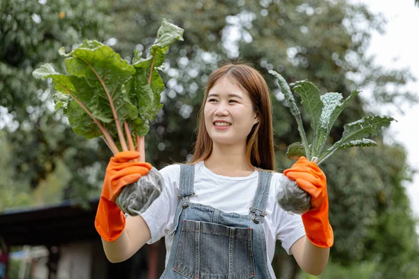Female gardener concept a young female gardener wearing a pair of orange gloves picking up the stems of the vegetables and looking at them happily.