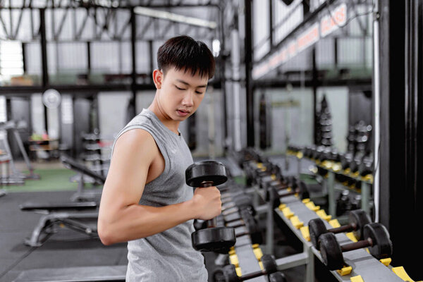 exercise concept The sweaty guy in grey top looking down and doing hammer curl posture of dumbbell with his right arm.