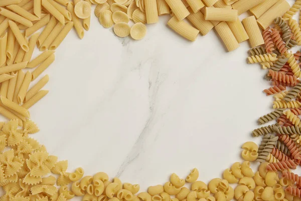 Pasta Concept Different Kinds Dry Pasta Being Sorted Groups Placed — Stock Photo, Image