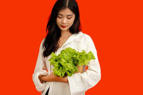 Concepto Vegetariano Mujer Sana Sosteniendo Tazón Lechuga Fresca Aislada Sobre — Foto de Stock