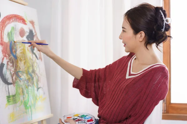 Creative Art Concept Young Asian Woman Sit Studio Hold Paintbrush — Foto de Stock