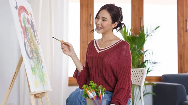 Creative Art Concept Young Asian Woman Using Paintbrush Drawing Canvas — Photo