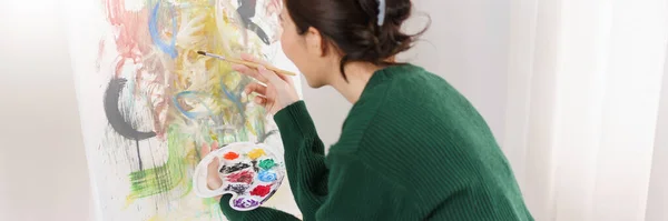 Creative Art Concept Young Asian Woman Hold Paintbrush Color Palette — Stock Fotó