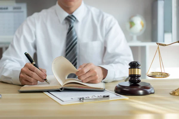Law Consultancy Concept Male Prosecutor Reviewing His Sentences Contract His — Stock Photo, Image
