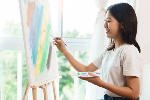 Art Concept Asian Female Artist Using Paintbrush Create Masterpiece Canvas — Stock Photo, Image