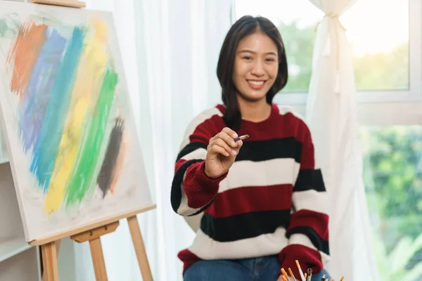 Art Concept Asian Female Artist Sweater Holding Paint Brush Prepare — Stock Photo, Image