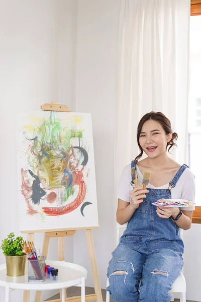 Creative Art Concept Young Asian Woman Holding Paintbrush Working Painting — Foto de Stock