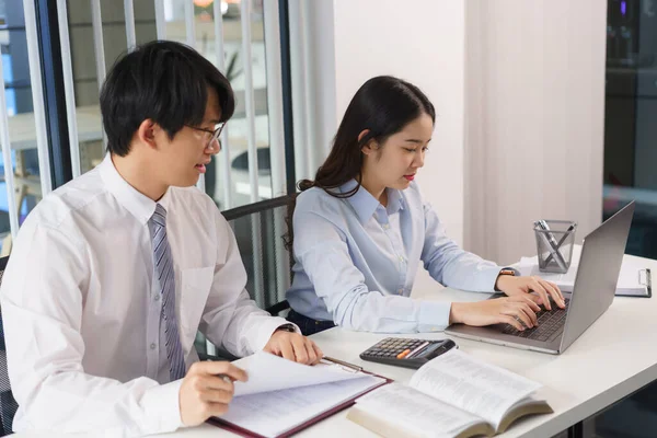 İş konsepti, iki iş arkadaşı mali verileri kontrol ediyor ve dizüstü bilgisayardan rapor yazıyor.