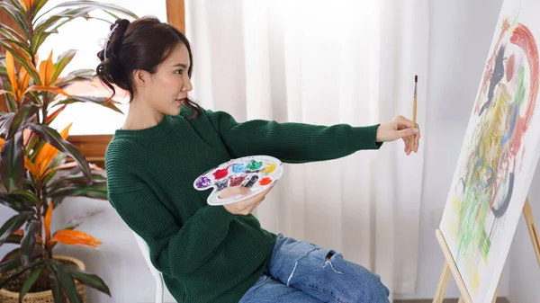 Creative Art Concept Young Asian Woman Hold Paintbrush Front Canvas — Stock Photo, Image