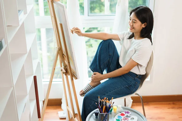 Art Concept Asian Female Artist Using Paint Brush Painting Create — Stock Photo, Image