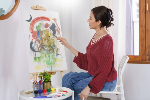 Creative Art Concept Young Asian Woman Using Paintbrush Drawing Canvas — Stock Fotó