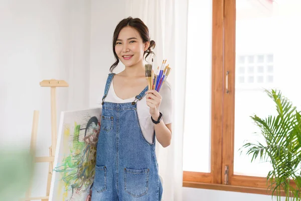 Creative Art Concept Young Asian Woman Holding Paintbrush Artwork Drawing — Stock Photo, Image