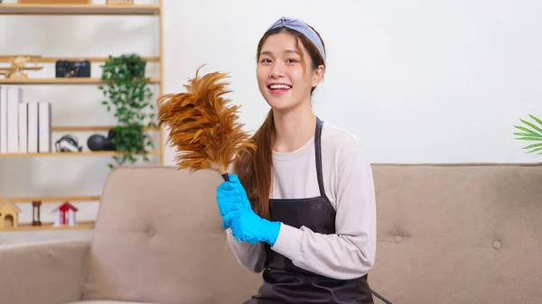 Hygiene Cleaning Concept Housemaid Wear Gloves Hold Feather Duster House — Fotografia de Stock