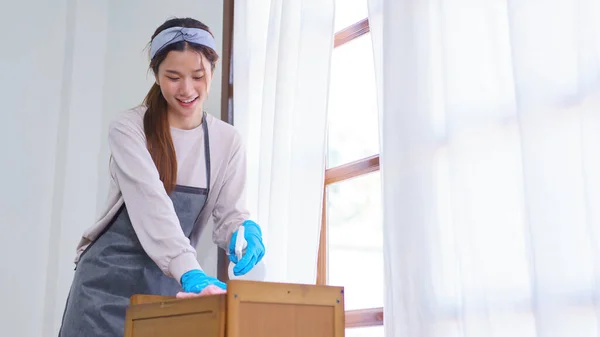 Housekeeping Concept Housemaid Wear Gloves Use Cloth Cleanser Spray Wipe — Zdjęcie stockowe