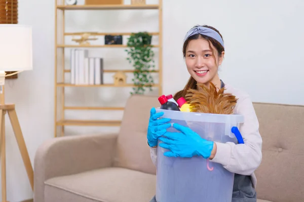 Housework Concept Housemaid Wear Glove Hold Cleaning Supplies Prepare Cleanups — Zdjęcie stockowe