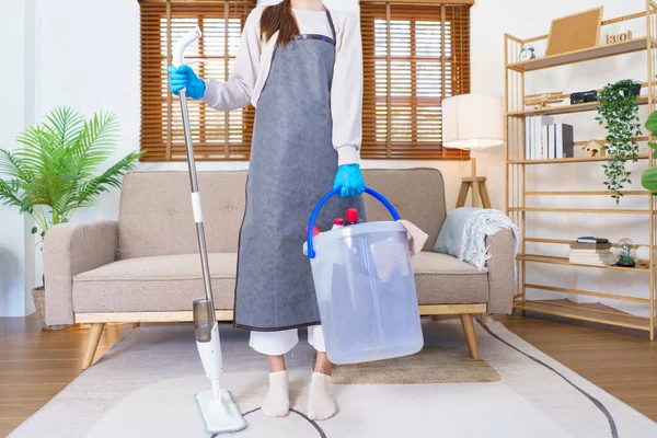 Housekeeping Concept Housemaid Wear Gloves Hold Mop Cleaning Supplies Cleanups — Foto de Stock
