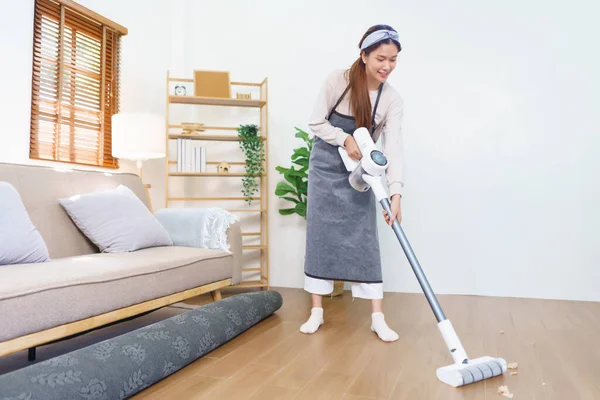 Housework Concept Housemaid Use Mop Mopping Cleaning Dust Floor Living — Φωτογραφία Αρχείου