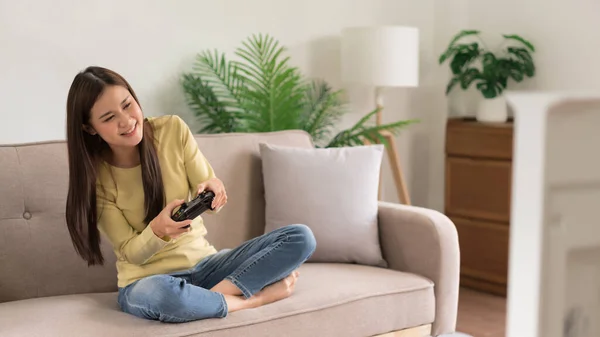 Leisure Activity Concept Young Woman Sitting Couch Control Joystick While — Stock Photo, Image