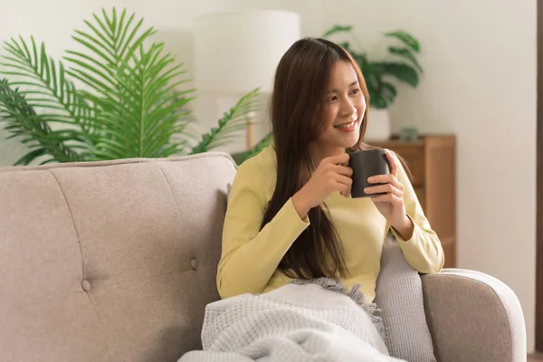 Concept Activity Home Young Woman Drink Coffee Watching Television While — Stock Photo, Image