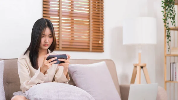 Lifestyle Home Concept Young Asian Woman Use Smartphone Playing Games — Stock Photo, Image