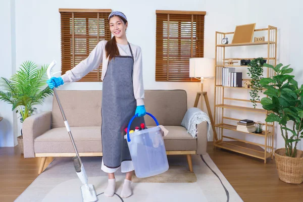 Housekeeping Concept Housemaid Wear Gloves Hold Mop Cleaning Supplies Cleanups — Foto de Stock