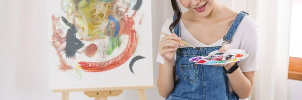Creative Art Concept Young Asian Woman Use Paintbrush Dip Palette — Stock Photo, Image