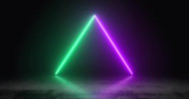 Yeşil ve mor neon ışıklar arka plan, ışık yansıması. Üçgen neon ışıklar