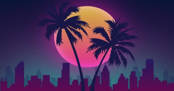 回波Vj视频游戏景观 霓虹灯背景 复古的未来主义动画 紫色的天空 城市和棕榈树 — 图库视频影像