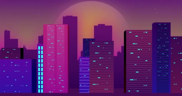 Cityscape retro wave style design. Purple 80s retrowave animation. Cyberpunk futuristic city — Stock Footage Cityscape Retro Wave Style Design Purple 80S Retrowave Animation Cyberpunk — Stock Video