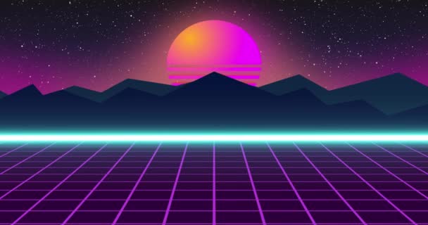 Synthwave Retrowave Vaporwave Neon Achtergrond Animatie Zon Berg Paars Rooster — Stockvideo