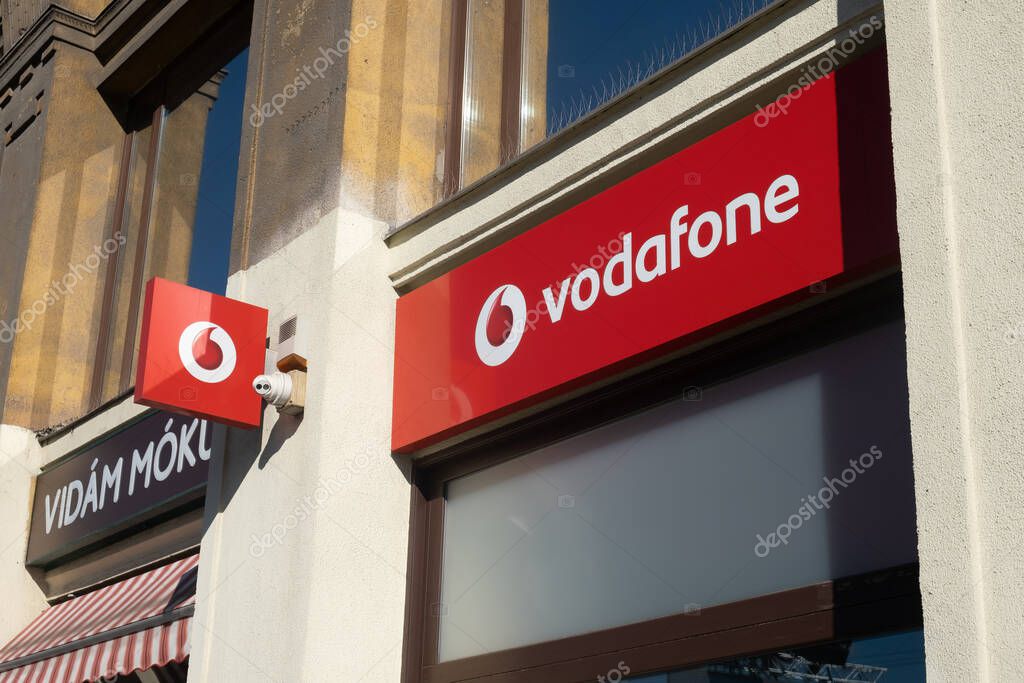 Budapest, Hungary - 1 November 2021: Vodafone company logo close-up, Illustrative Editorial.