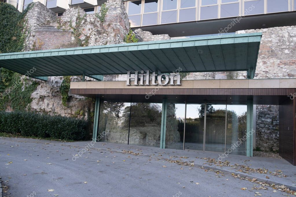 Budapest, Hungary - 1 November 2021: Hilton signboard hotel entrance, Illustrative Editorial.