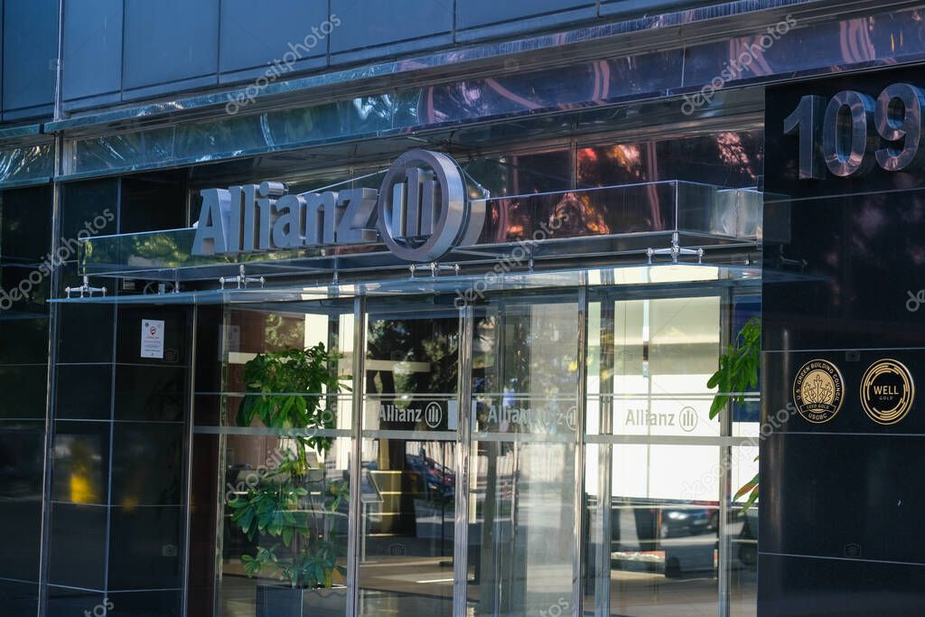 Barcelona, Spain - 5 November 2021: Allianz company office, building entrance with sign, Illustrative Editorial.