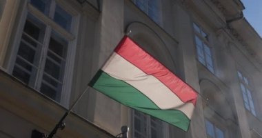 Hükümet binasında rüzgarda sallanan Macaristan bayrağı. Macar bayrağı görüntüleri