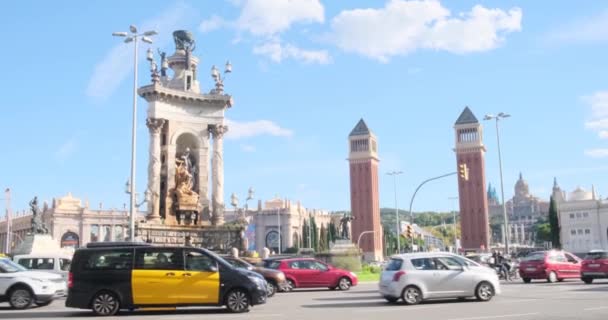 Barcelona Espanha Novembro 2021 Placa Espanya Com Vista Para Torres — Vídeo de Stock