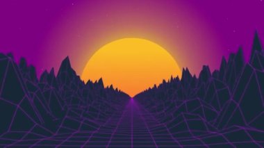 Retro dalga video oyunu animasyon arka planı. Geri dalga döngüsü, turuncu güneş, mor gökyüzü ve ızgara yüzeyi