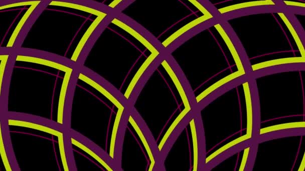 紫色和黄色的圆形线在黑色的背景 网格模式 色彩斑斓的网状布局 圆周运动轮转 图形模板4K — 图库视频影像